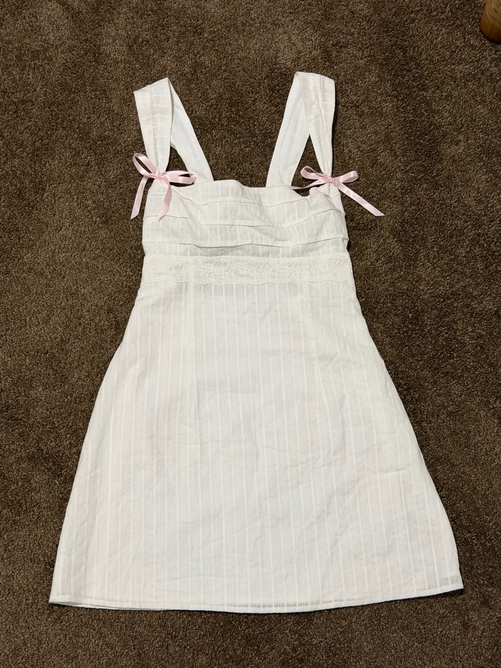 Beginning Boutique White Mini Dress with Pink Ribbon Details